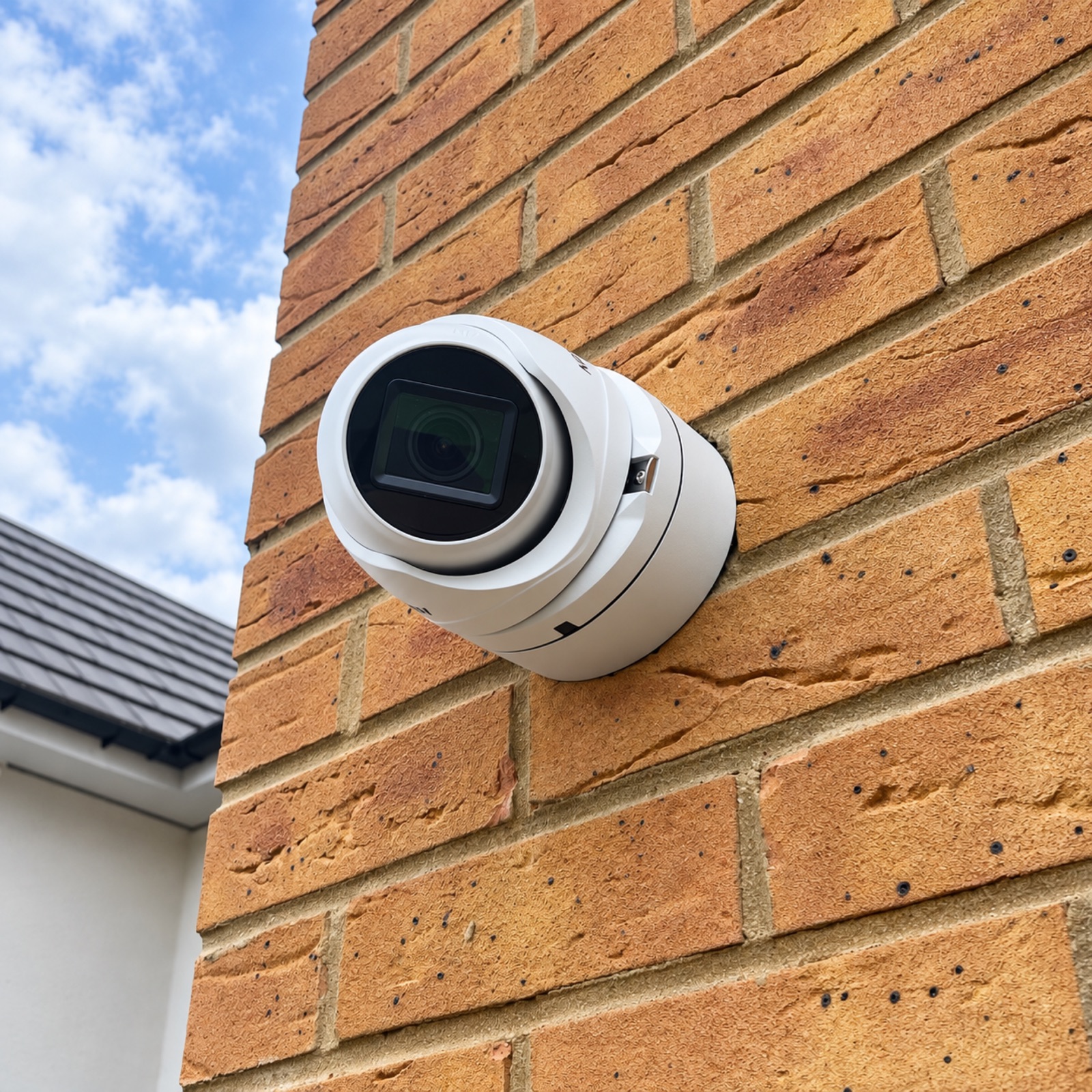 White CCTV turret camera mounted on a brick wall